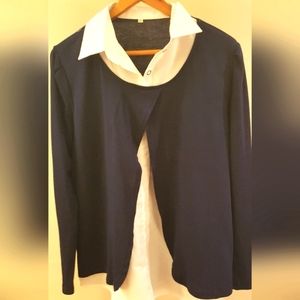Navy and White Long Sleeve Blouse * Size Large NWOT